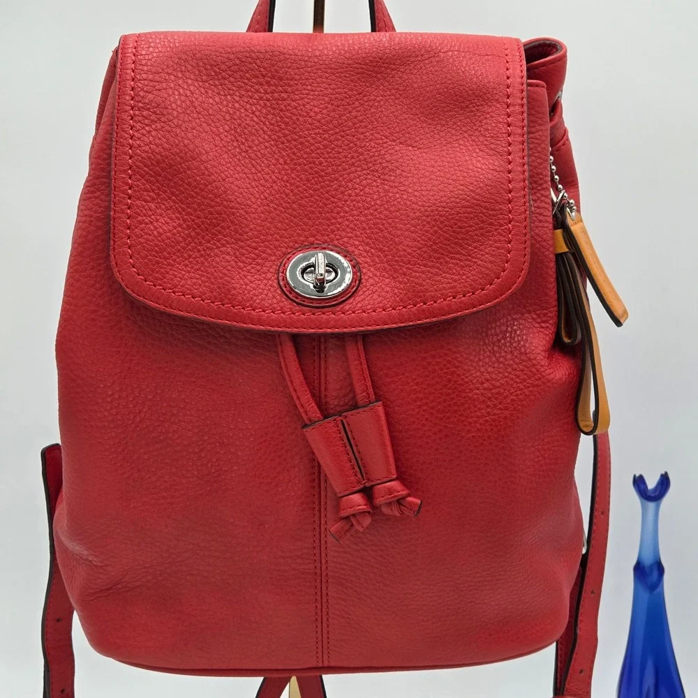 Coach Park Mini Backpack Red Pebbled Leather Turnlock F24385 Classic Drawstring